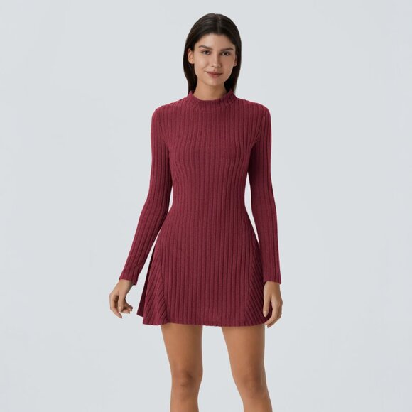HALARA Ribbed Knit Mock Neck / Stand Collar A-Line Long Sleeve Mini Dress NWT - Picture 1 of 14